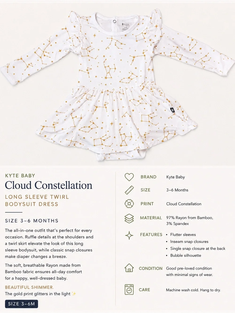 Kyte Baby Cloud Constellation Twirl Bodysuit Dress 3–6M Bamboo Gold Shimmer